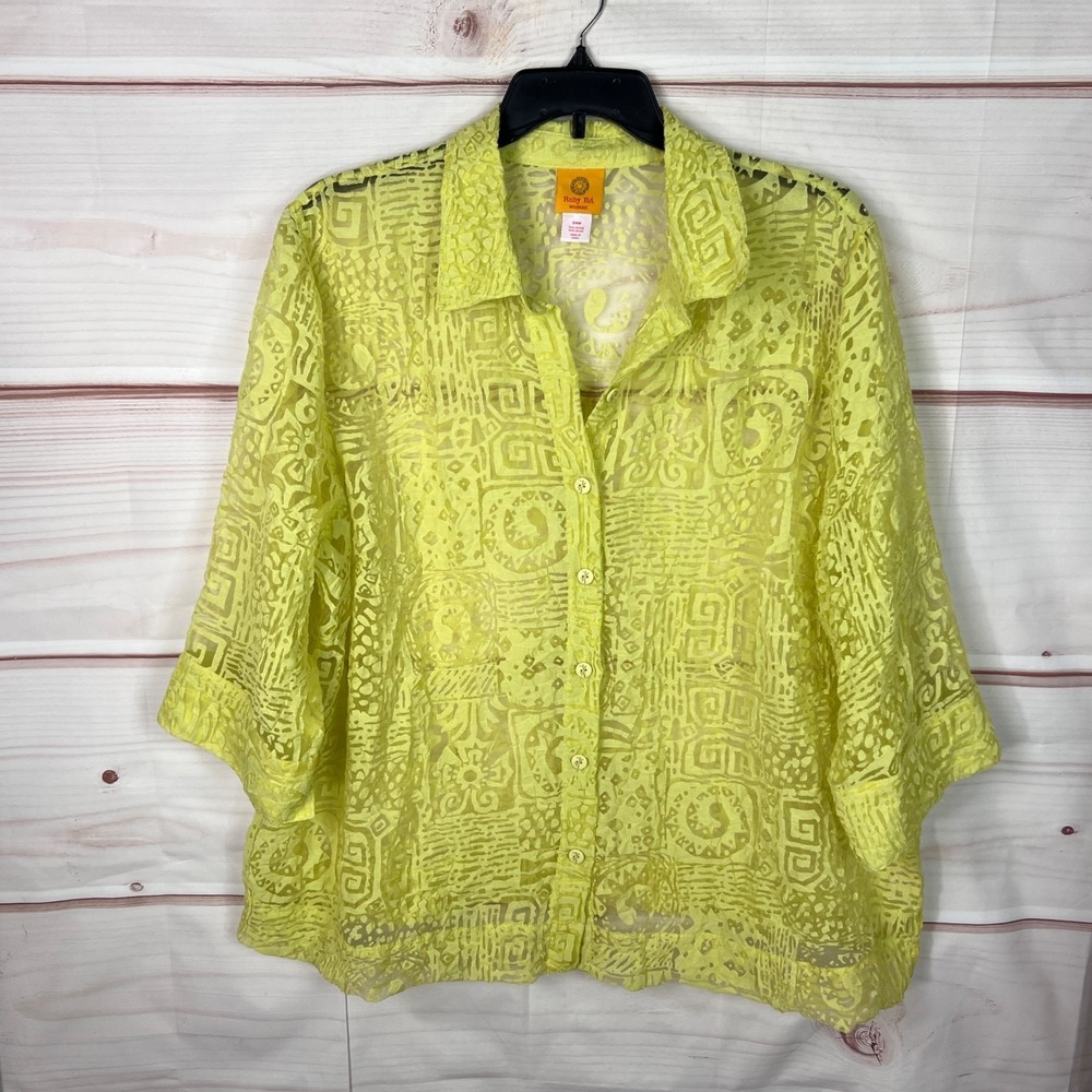 Ruby Rd Top Womens 24W Yellow Button Up Shirt Geometric Sheer 3/4 Sleeve Collar